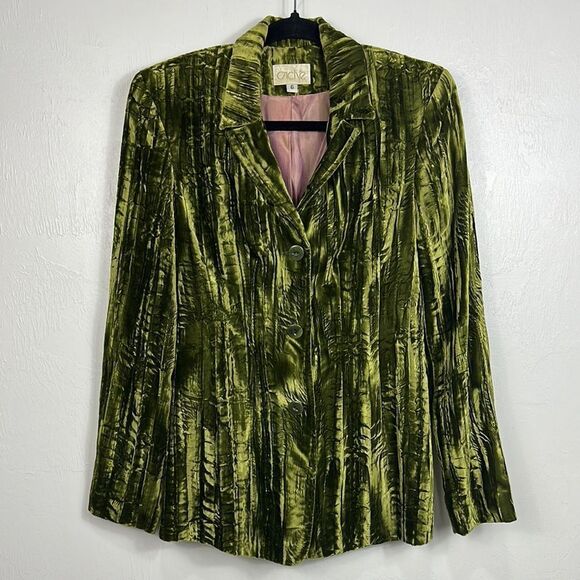 Cache Vintage Crushed Velvet Blazer In Olive Green Size 6 - Picture 1 of 10